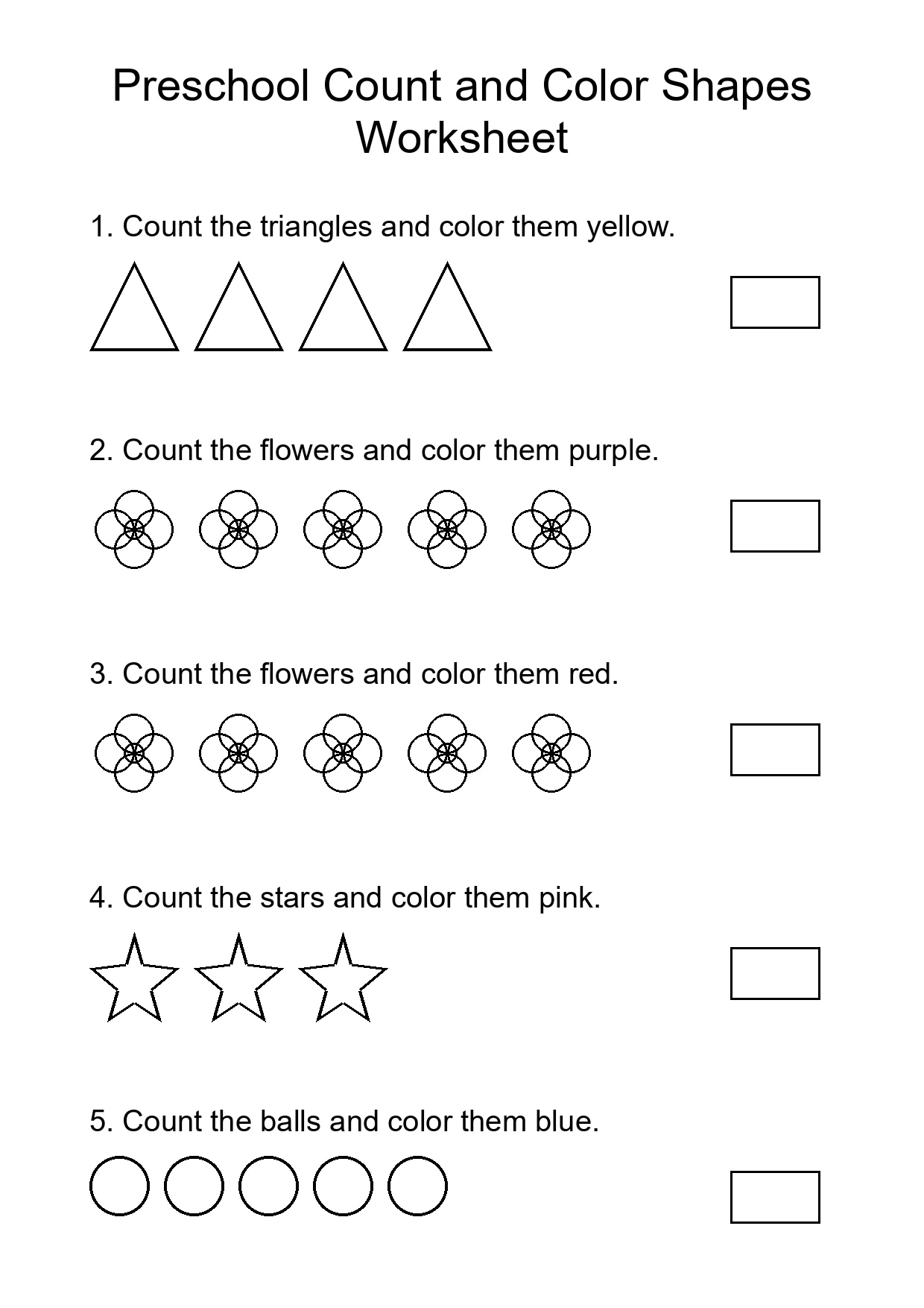 Preschool Count and Color Shapes Worksheet