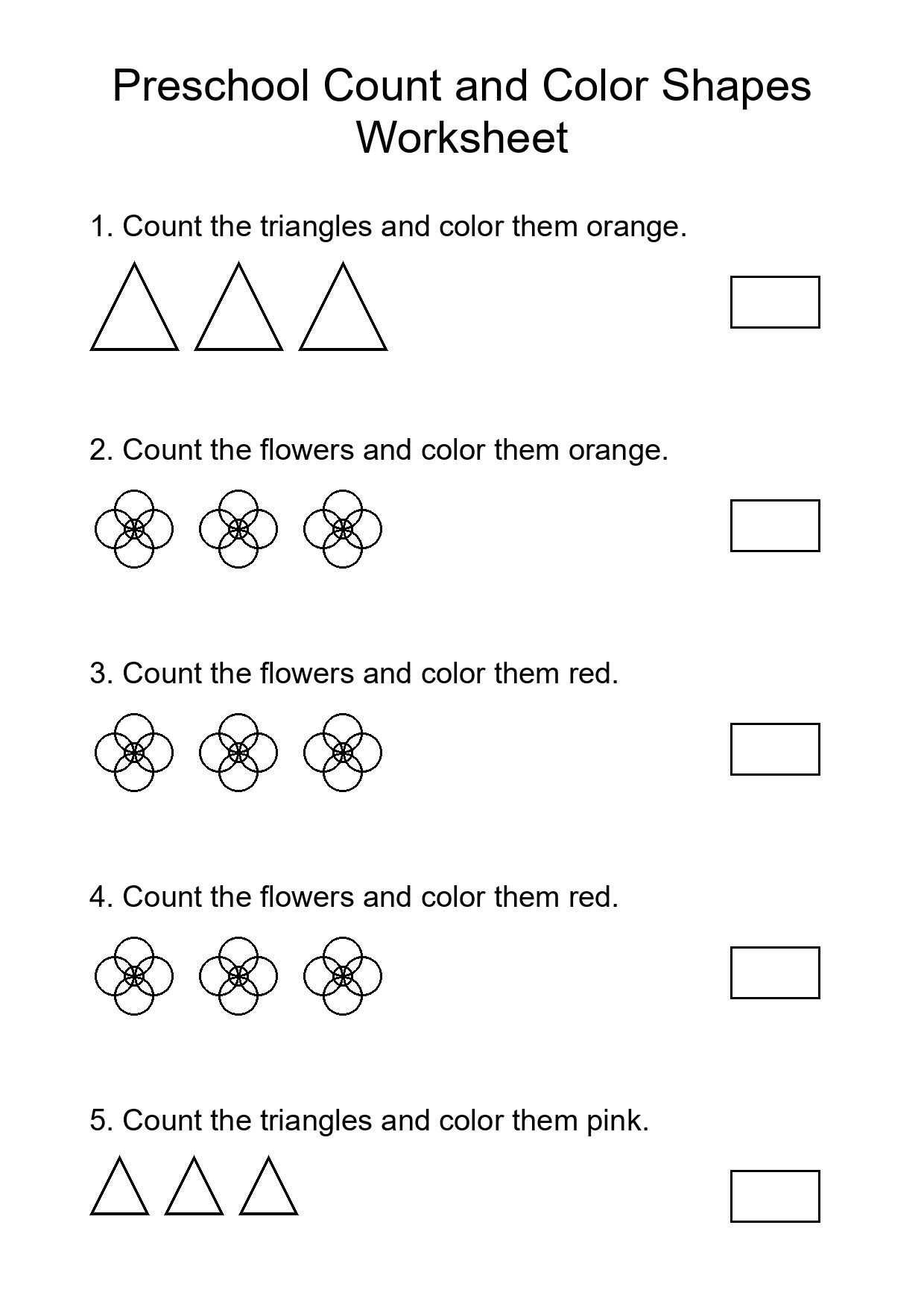 Preschool Count and Color Shapes Worksheet