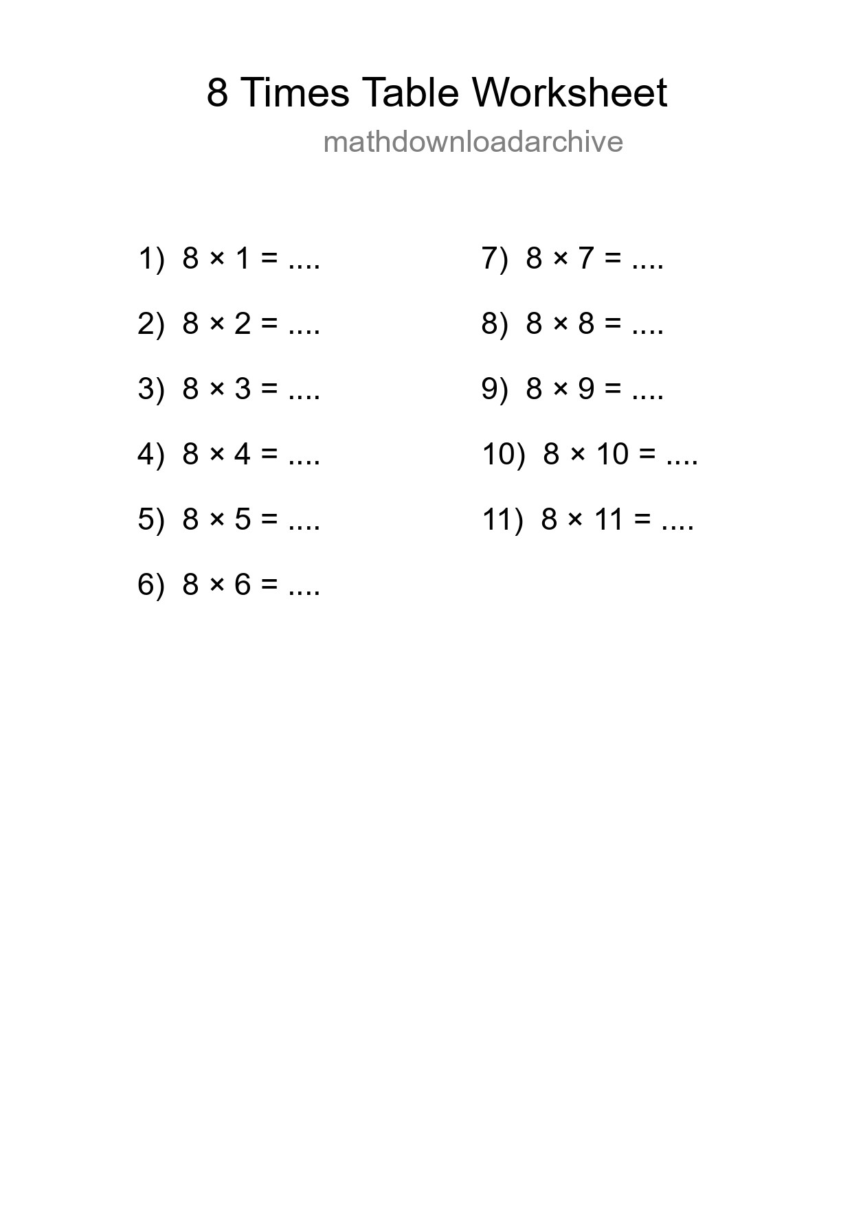 Printable 8 Times Table Worksheet For Grade 3 - Part 108