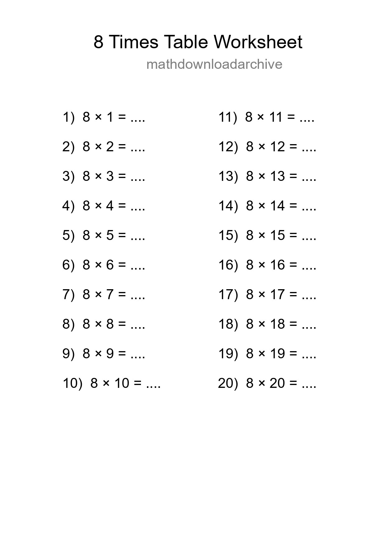 Printable 8 Times Table Worksheet For Grade 3 - Part 196
