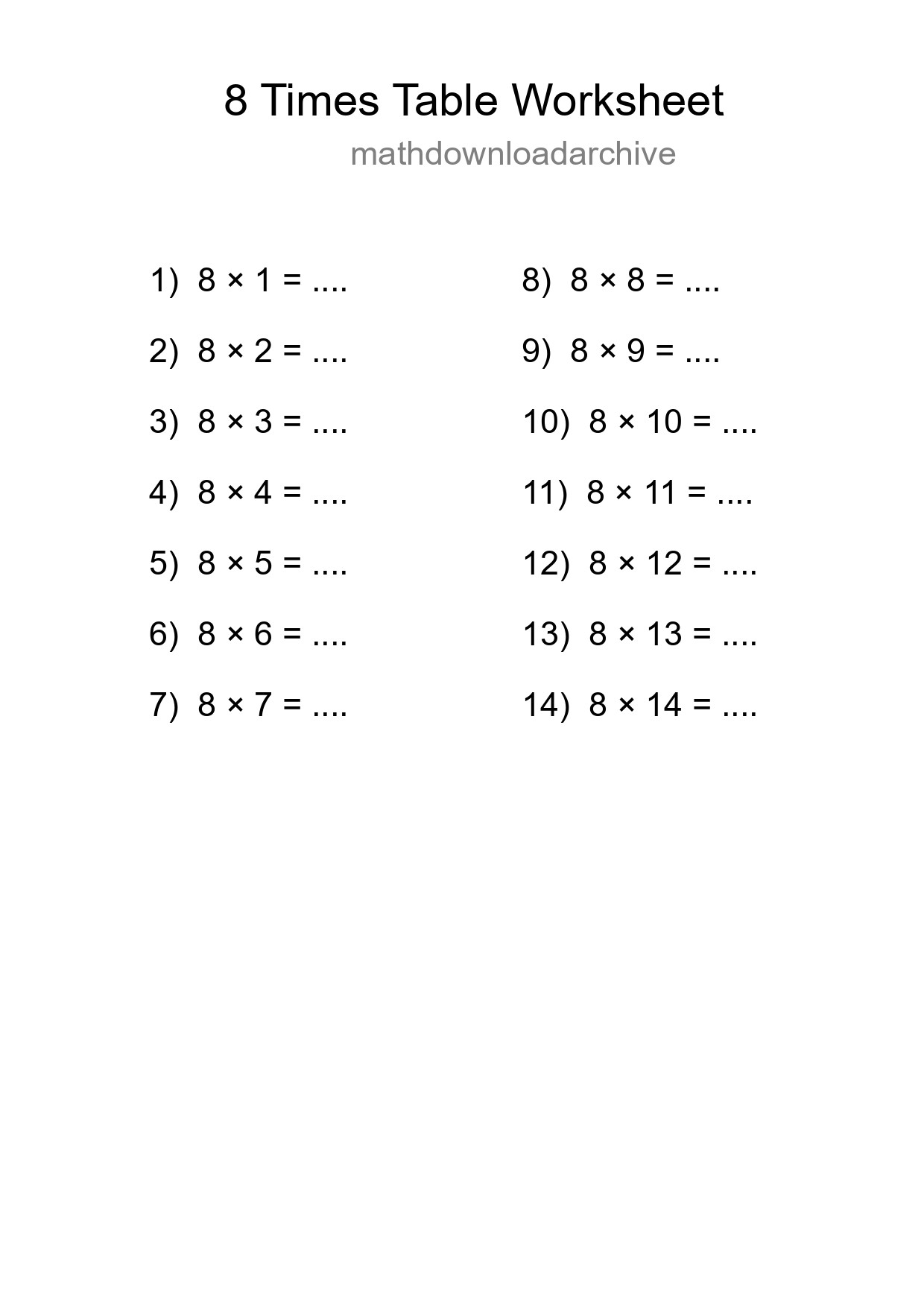 Printable 8 Times Table Worksheet For Grade 3 - Part 295