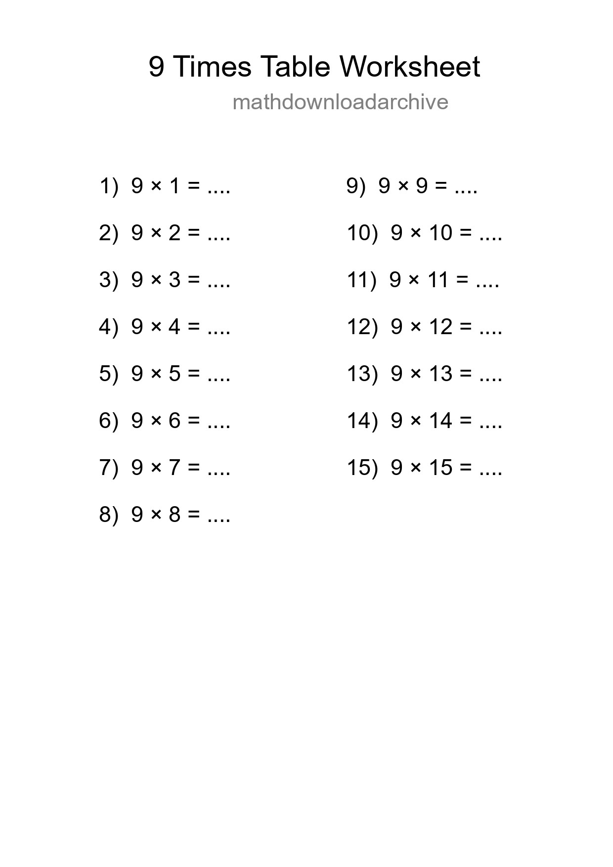 Printable 9 Times Table Worksheet For Grade 3 - Part 75