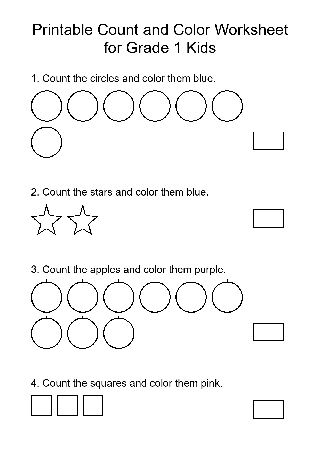 Printable Count and Color Worksheet for Grade 1 Kids