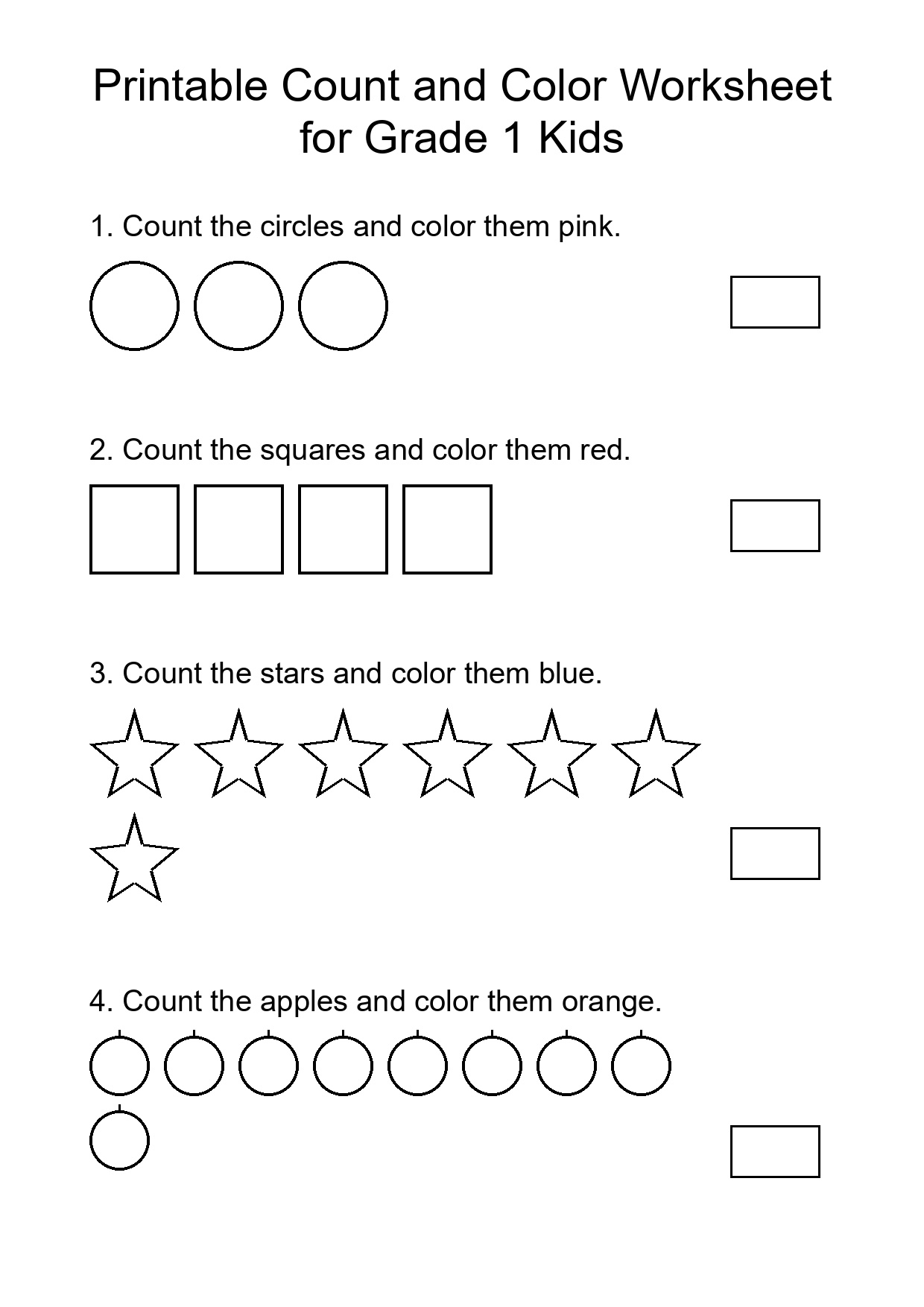 Printable Count and Color Worksheet for Grade 1 Kids