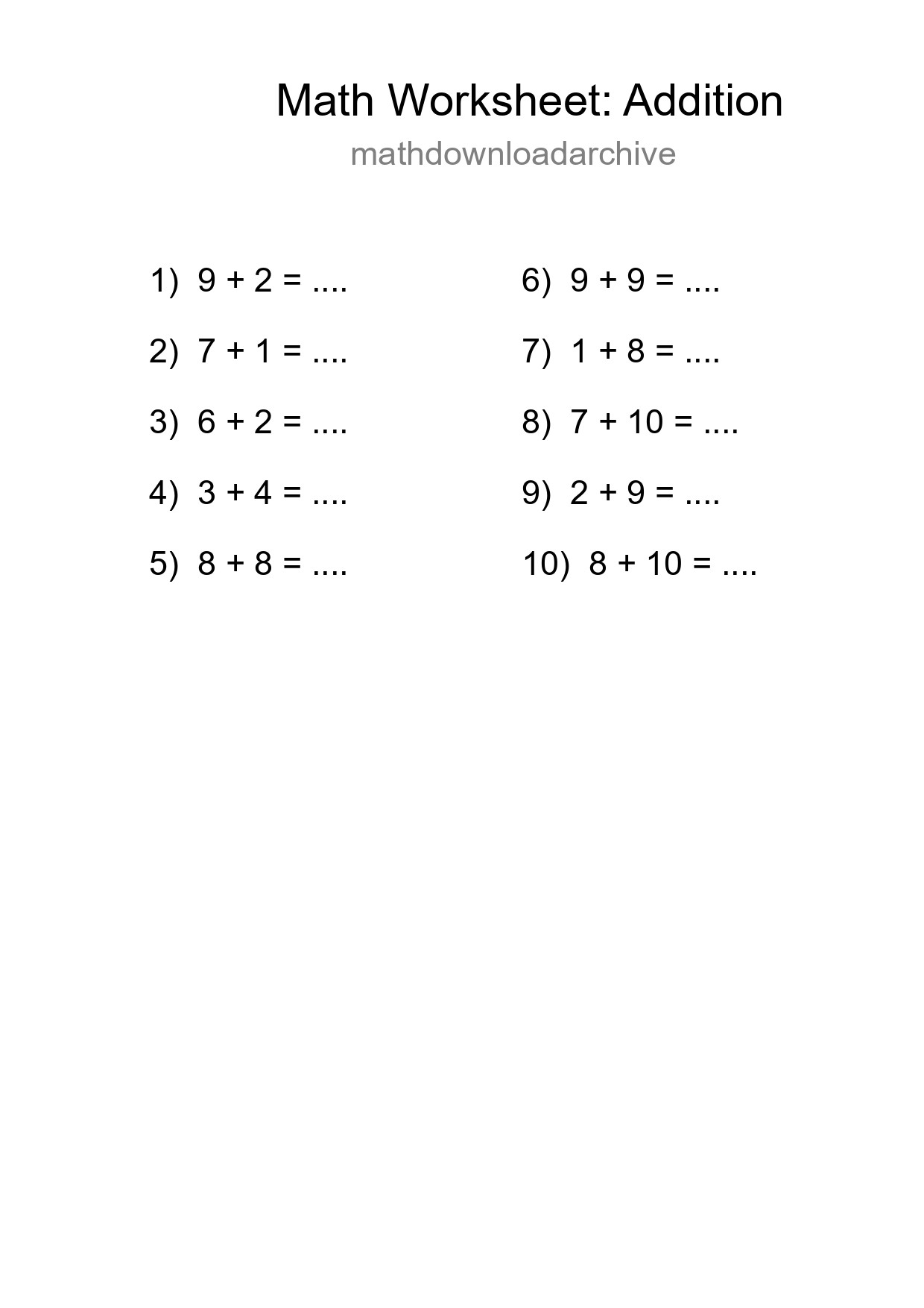 Printable Free 10 Addition Math Worksheet For Grade 1 - Part 67