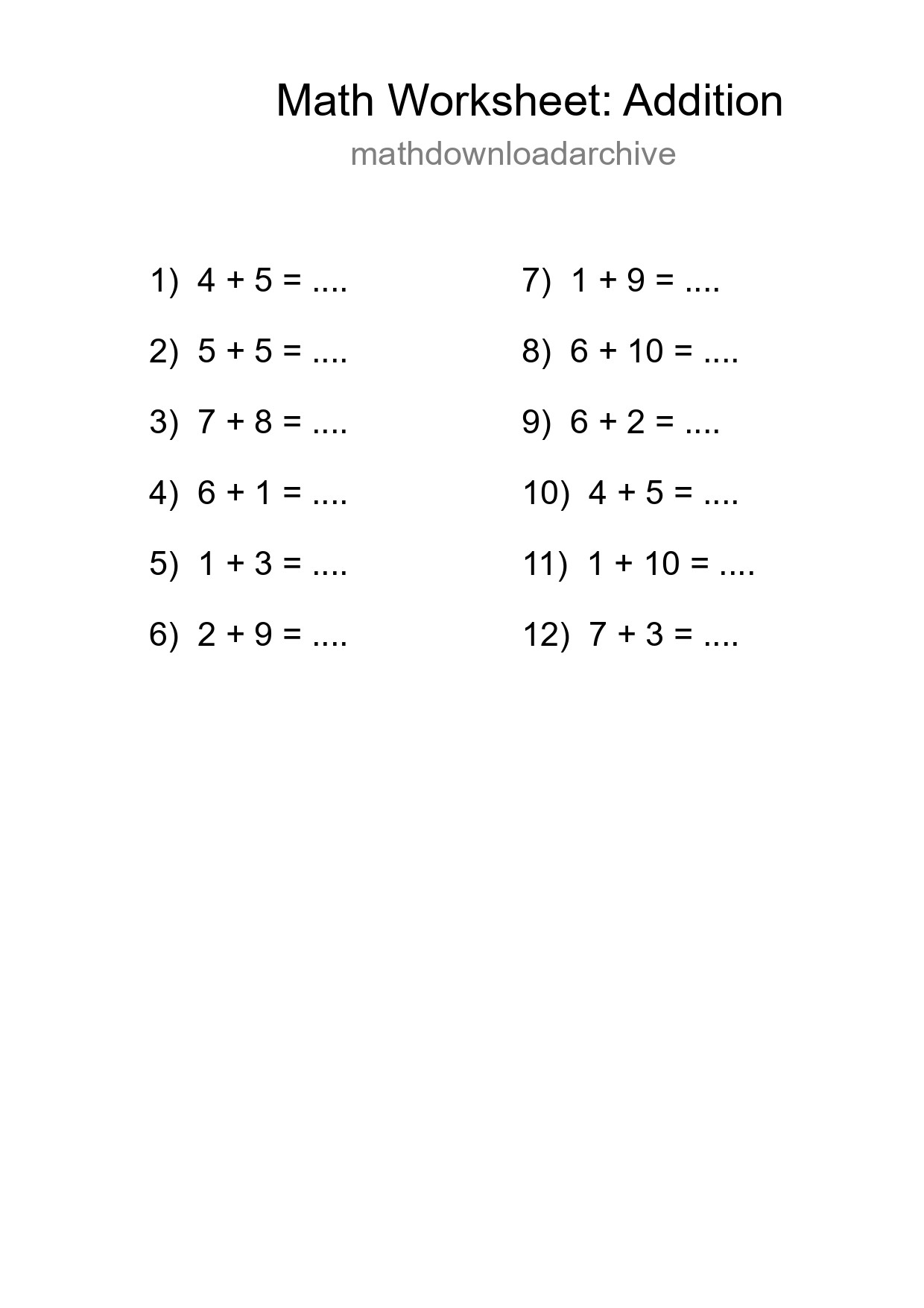 Printable Free 12 Addition Math Worksheet For Grade 1 - Part 133