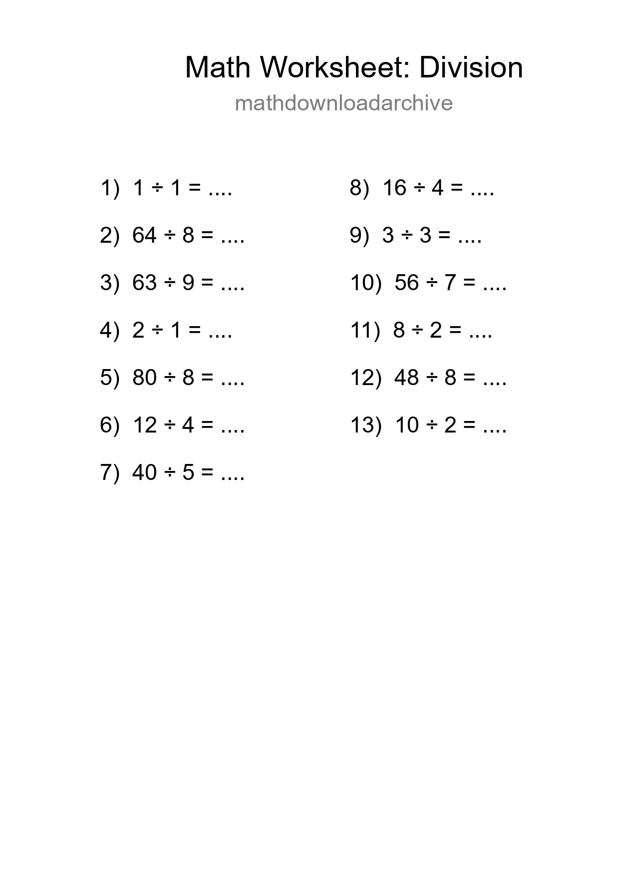 Printable Free 13 Division Math Worksheet For Grade 1 - Part 180