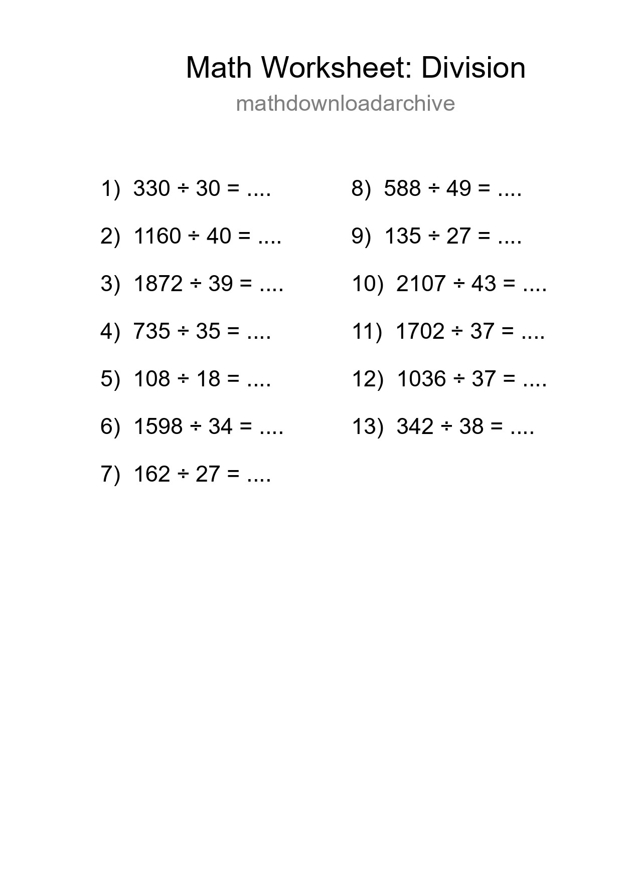 Printable Free 13 Division Math Worksheet For Grade 2 - Part 147