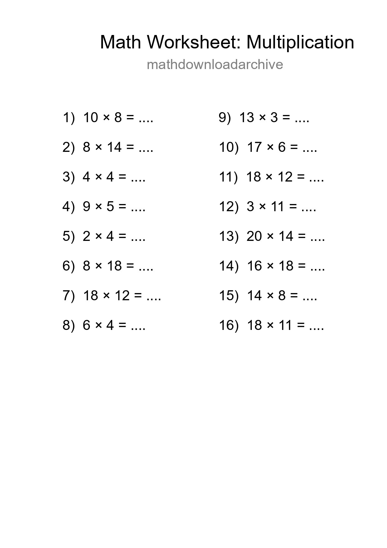 Printable Free 16 Multiplication Math Worksheet For Grade 2 - Part 150