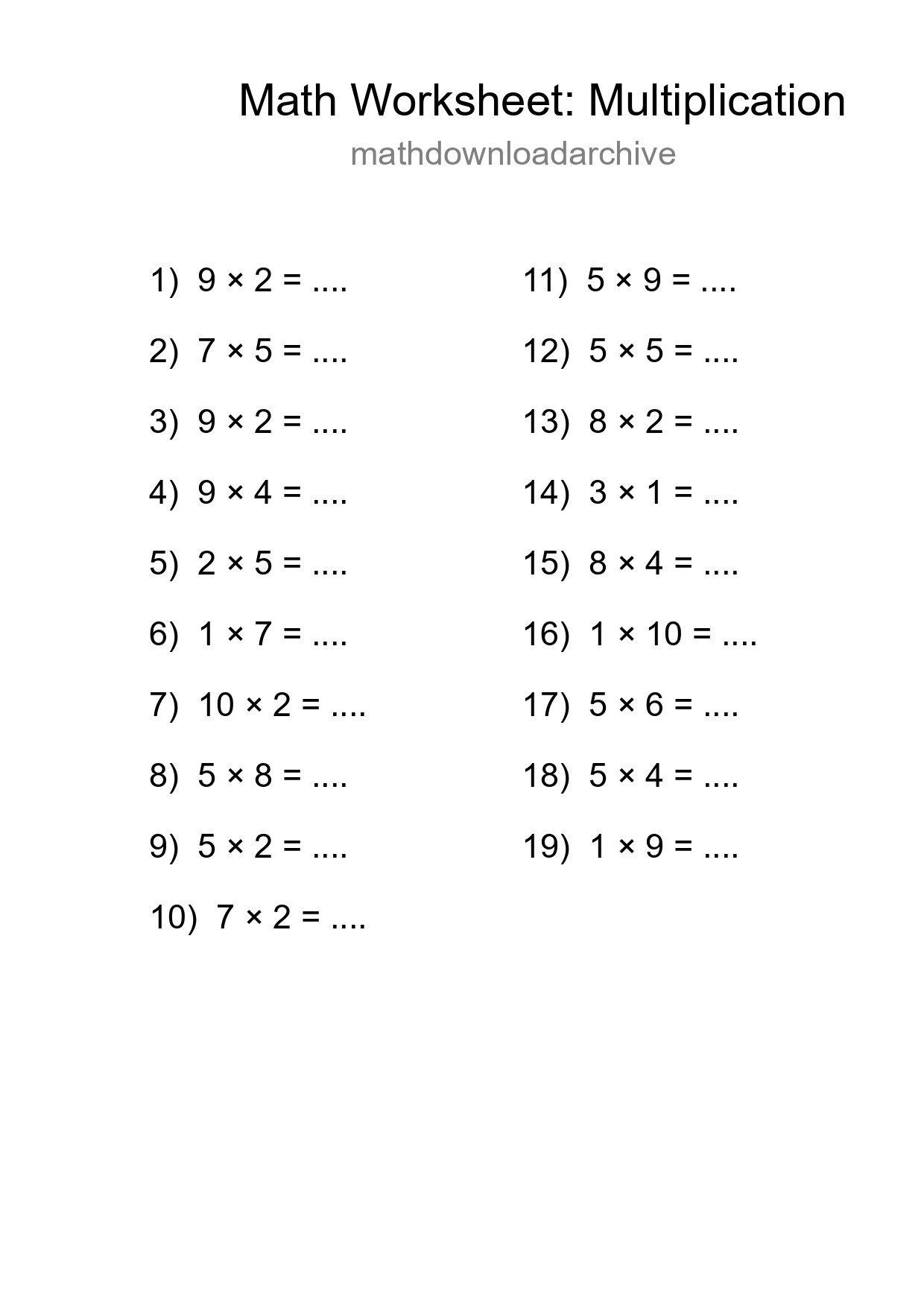 Printable Free 19 Multiplication Math Worksheet For Grade 1 - Part 205