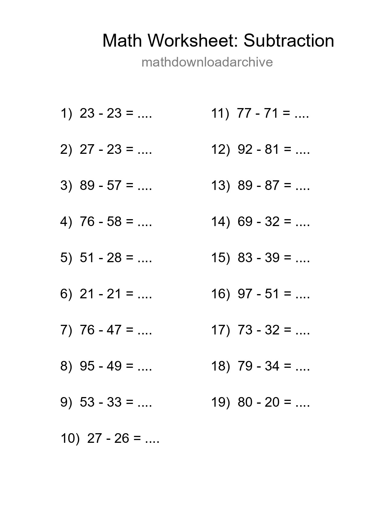 Printable Free 19 Subtraction Math Worksheet For Grade 3 - Part 129