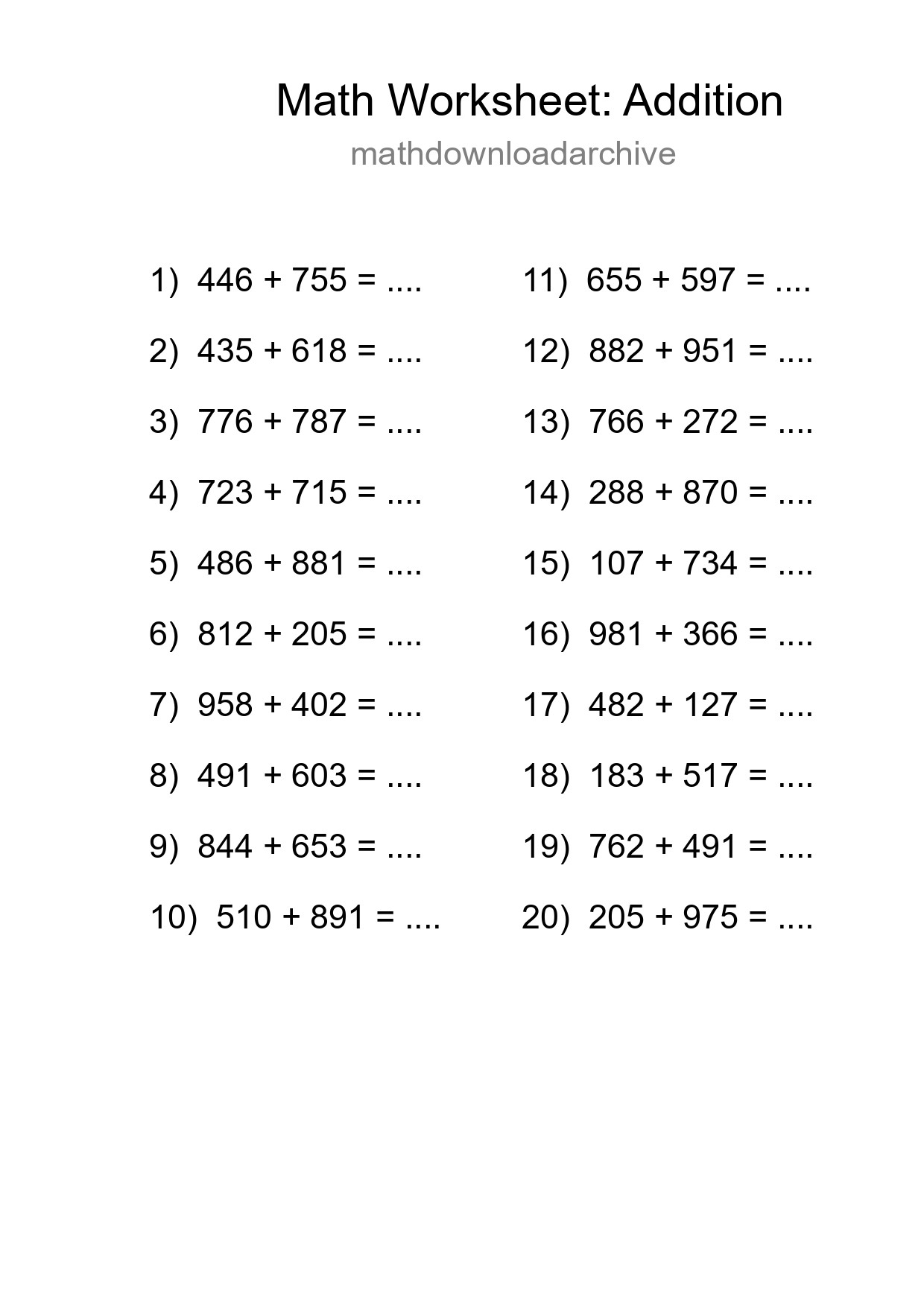 Printable Free 20 Addition Math Worksheet For Grade 5 - Part 45
