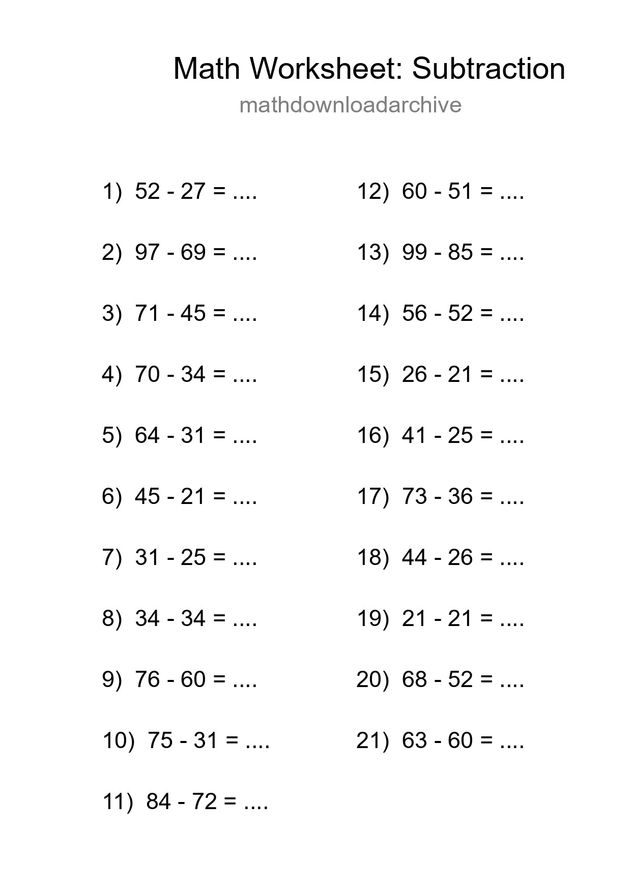 Printable Free 21 Subtraction Math Worksheet For Grade 3 - Part 173