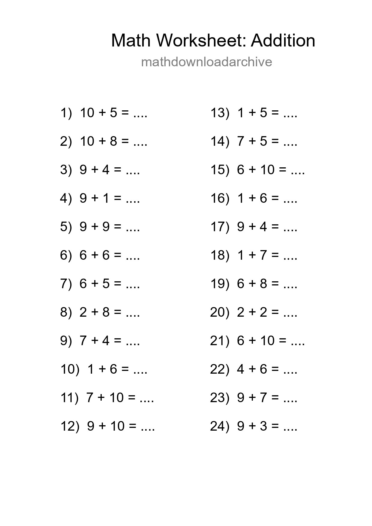 Printable Free 24 Addition Math Worksheet For Grade 1 - Part 265