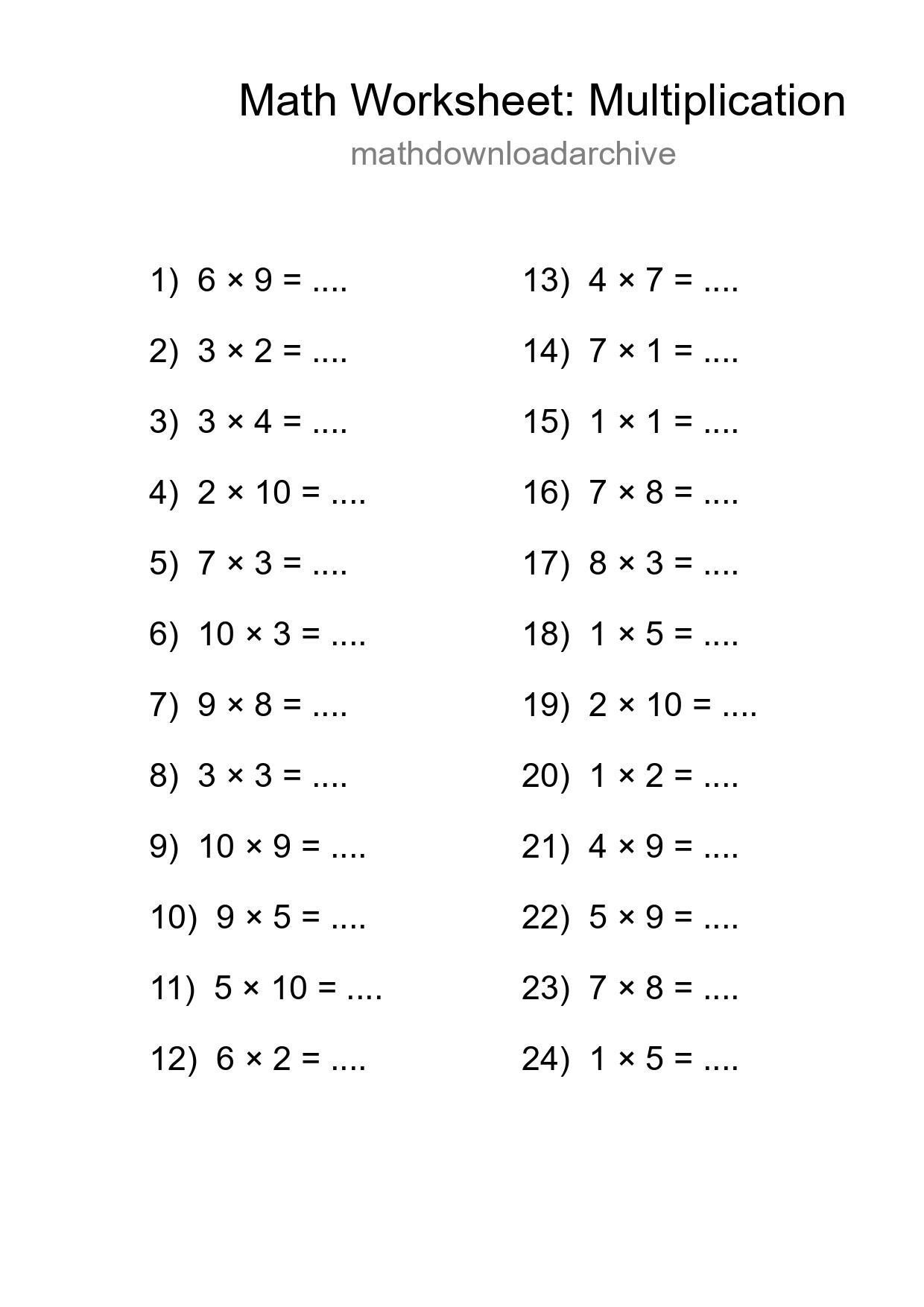 Printable Free 24 Multiplication Math Worksheet For Grade 1 - Part 216