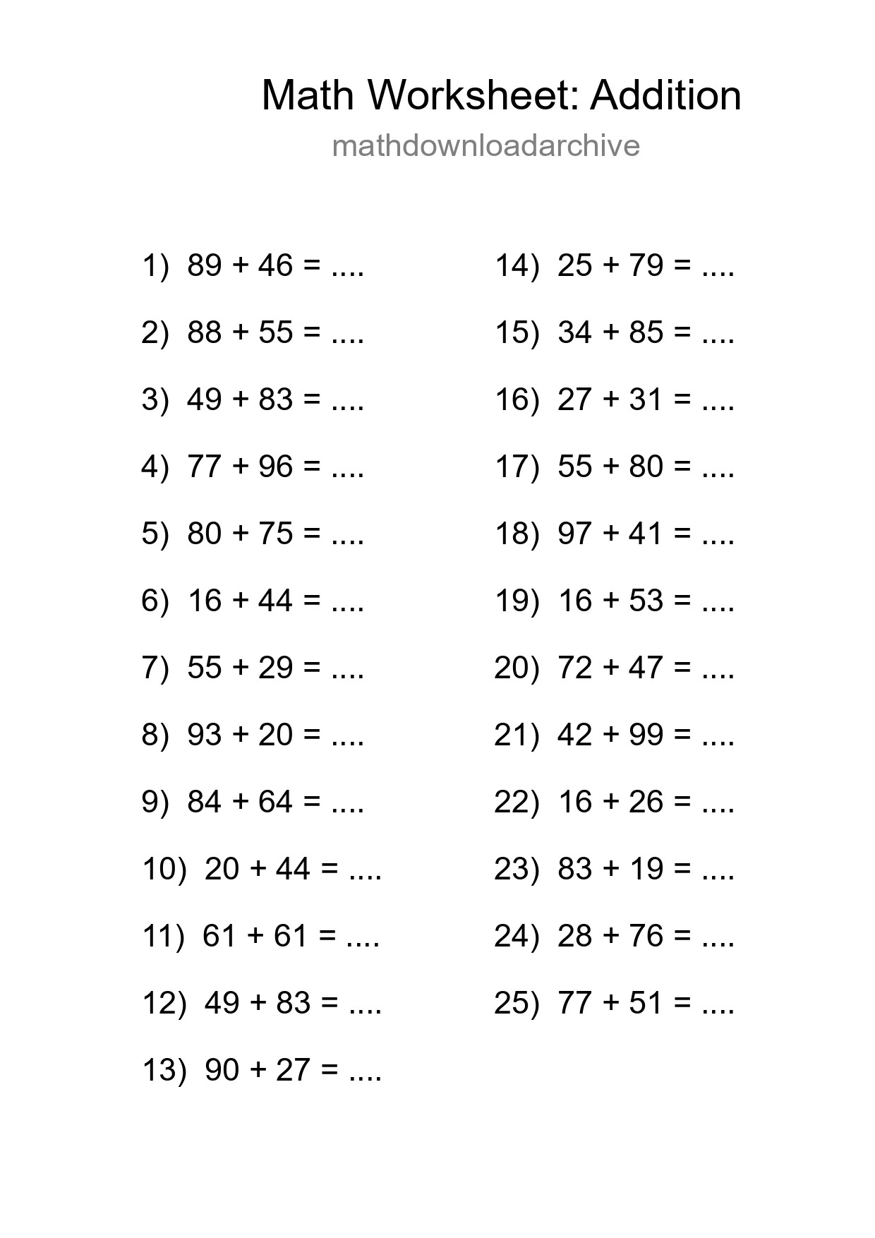 Printable Free 25 Addition Math Worksheet For Grade 3 - Part 287