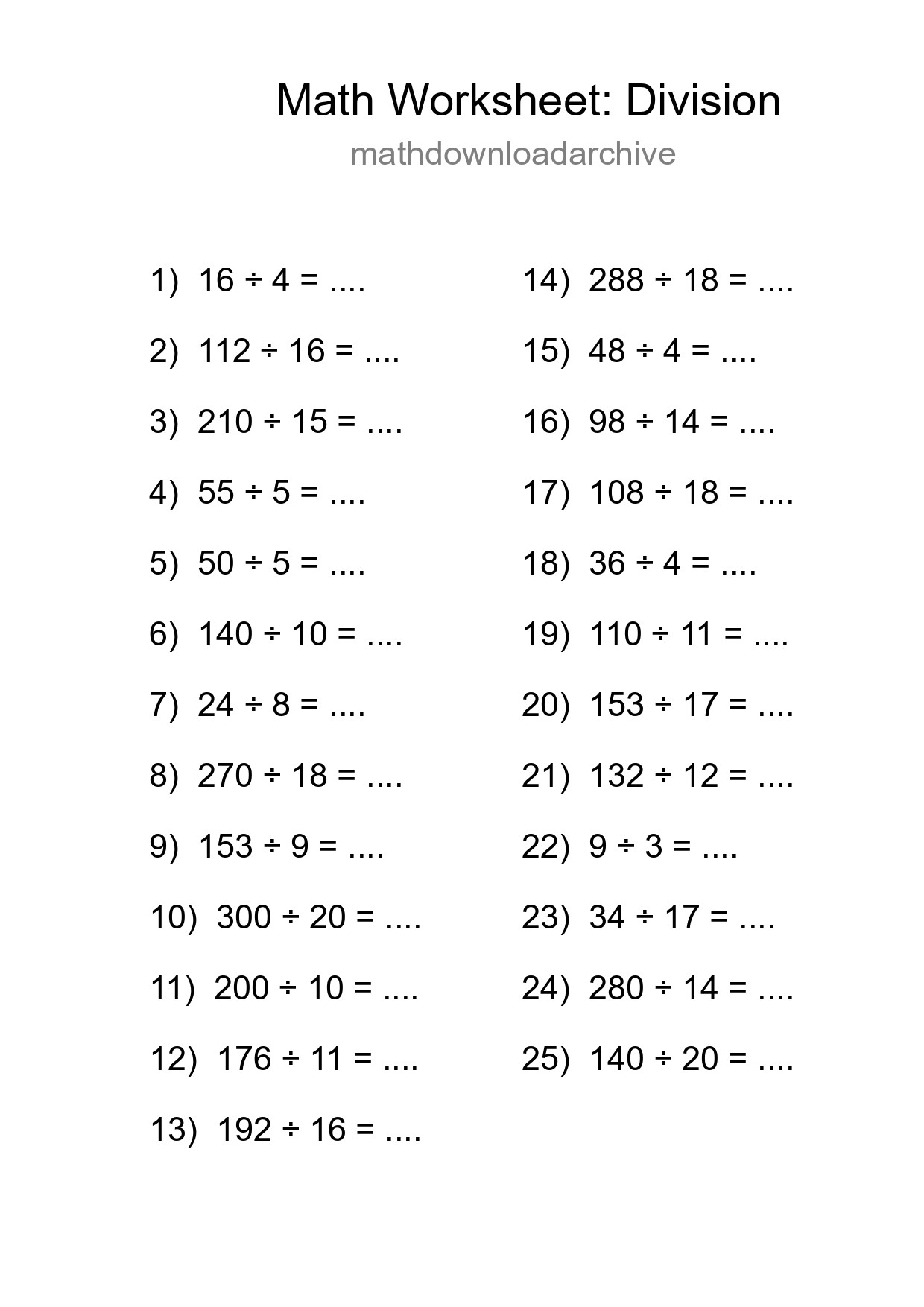 Printable Free 25 Division Math Worksheet For Grade 2 - Part 213
