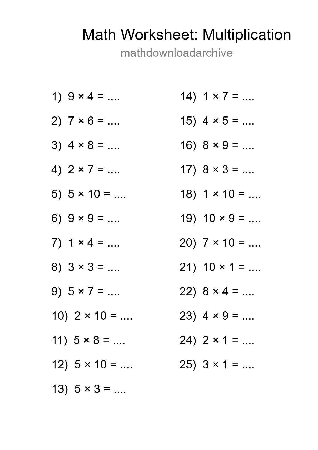 Printable Free 25 Multiplication Math Worksheet For Grade 1 - Part 18