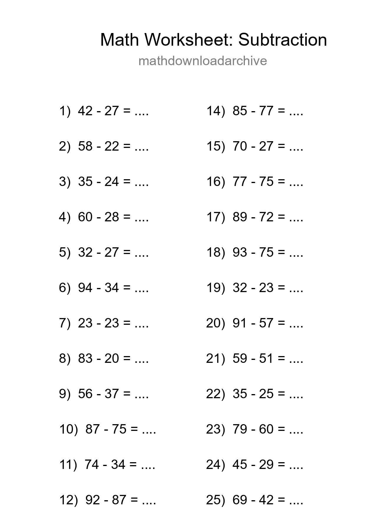 Printable Free 25 Subtraction Math Worksheet For Grade 3 - Part 107