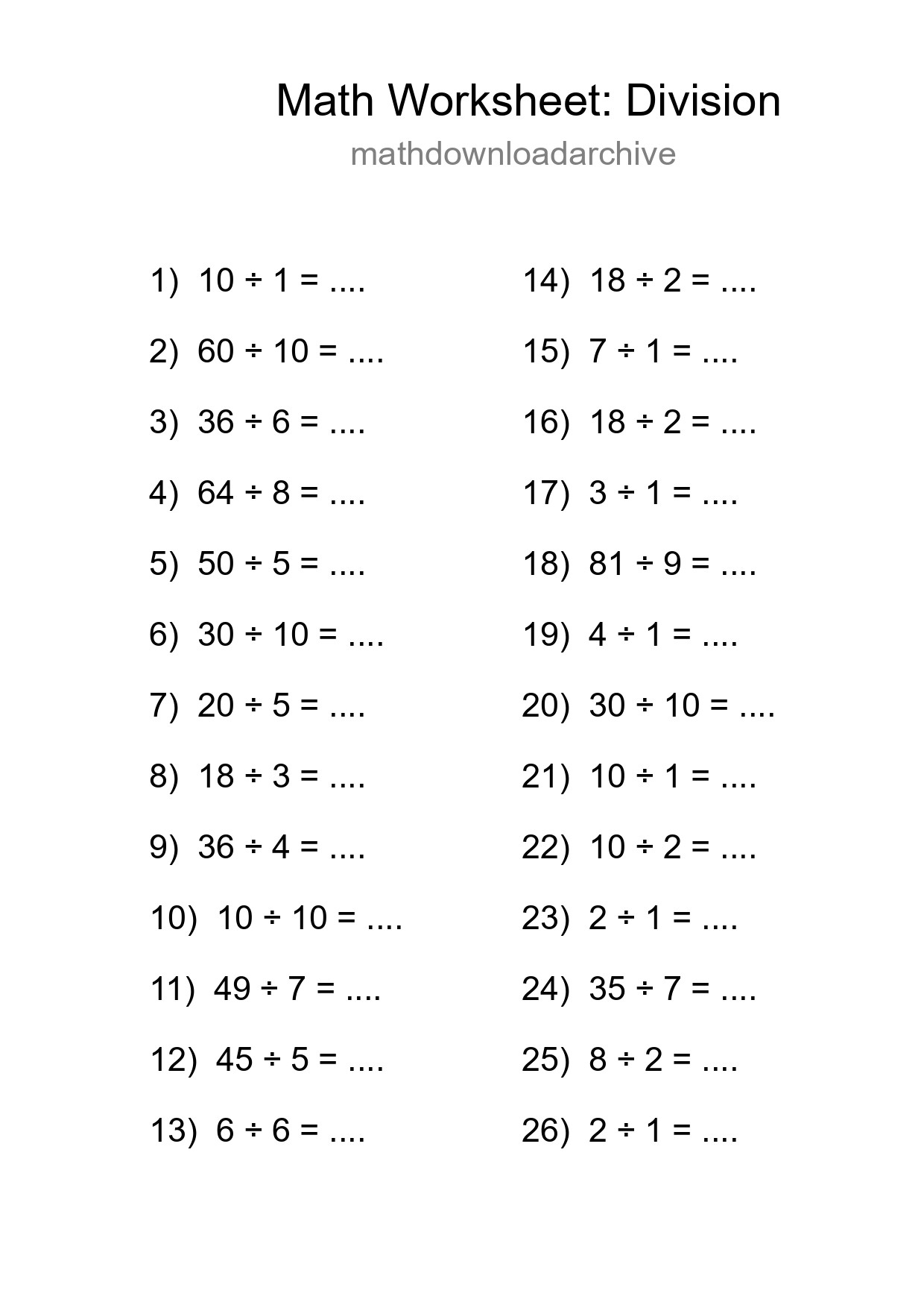 Printable Free 26 Division Math Worksheet For Grade 1 - Part 235