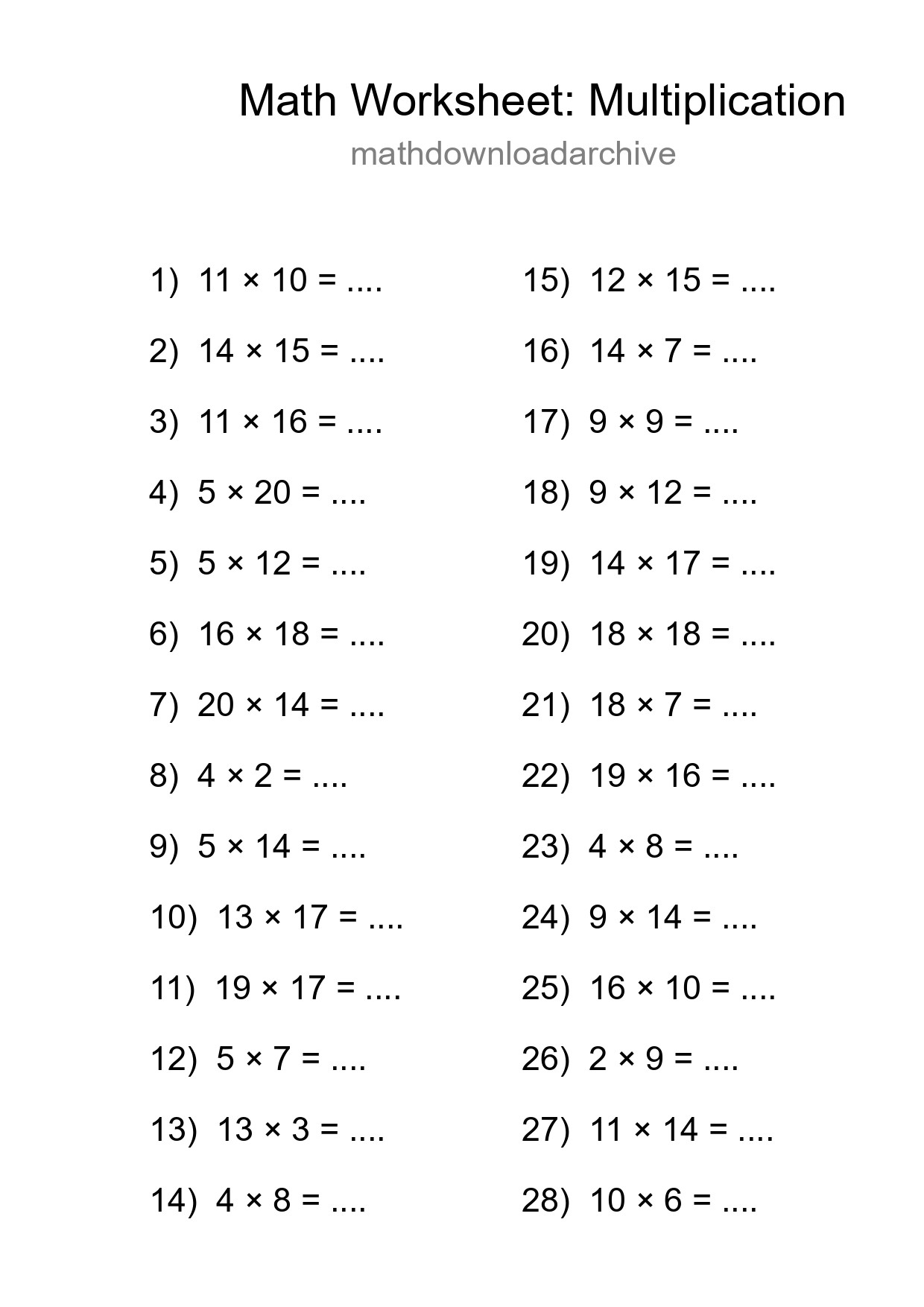 Printable Free 28 Multiplication Math Worksheet For Grade 2 - Part 260