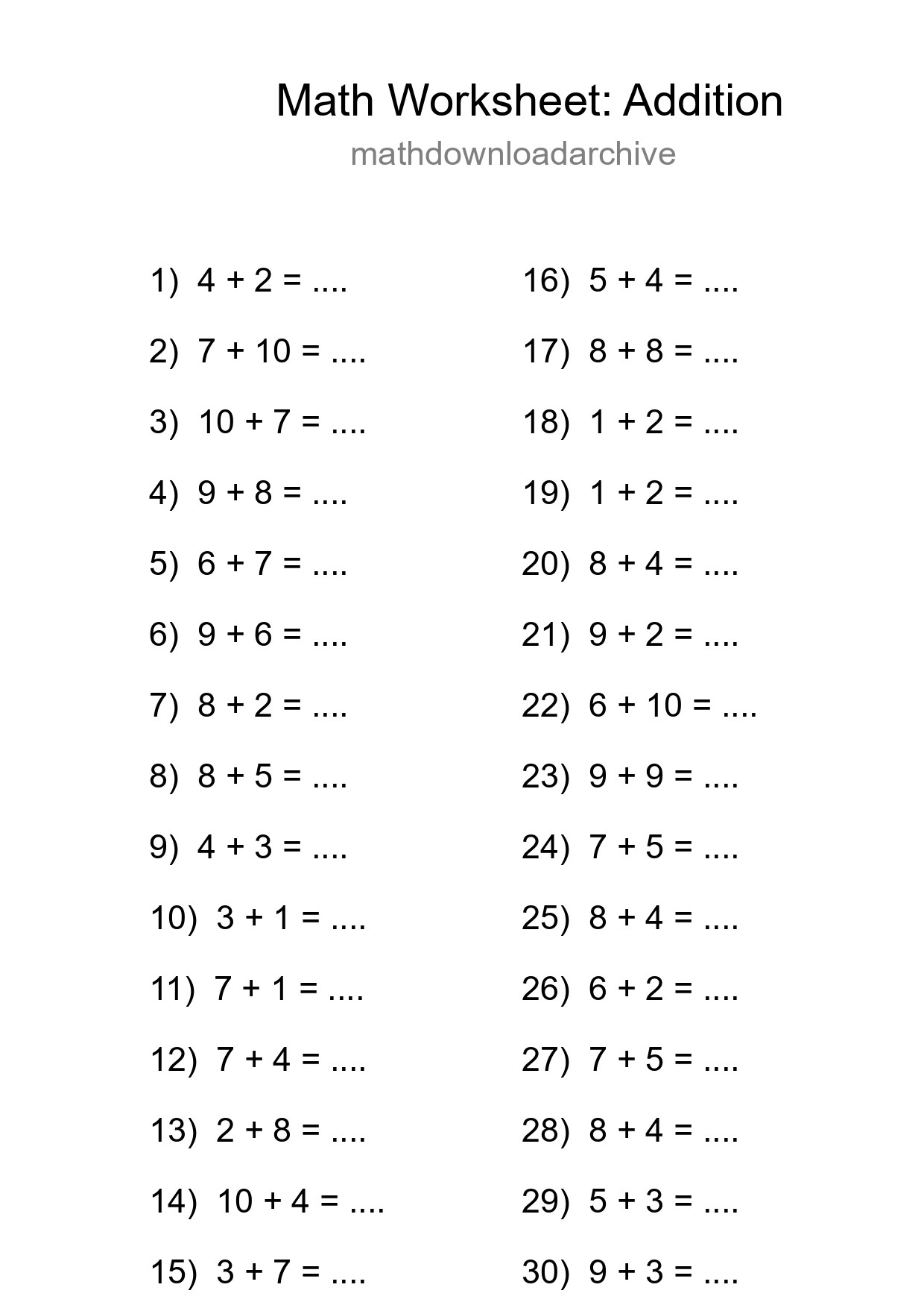 Printable Free 30 Addition Math Worksheet For Grade 1 - Part 89