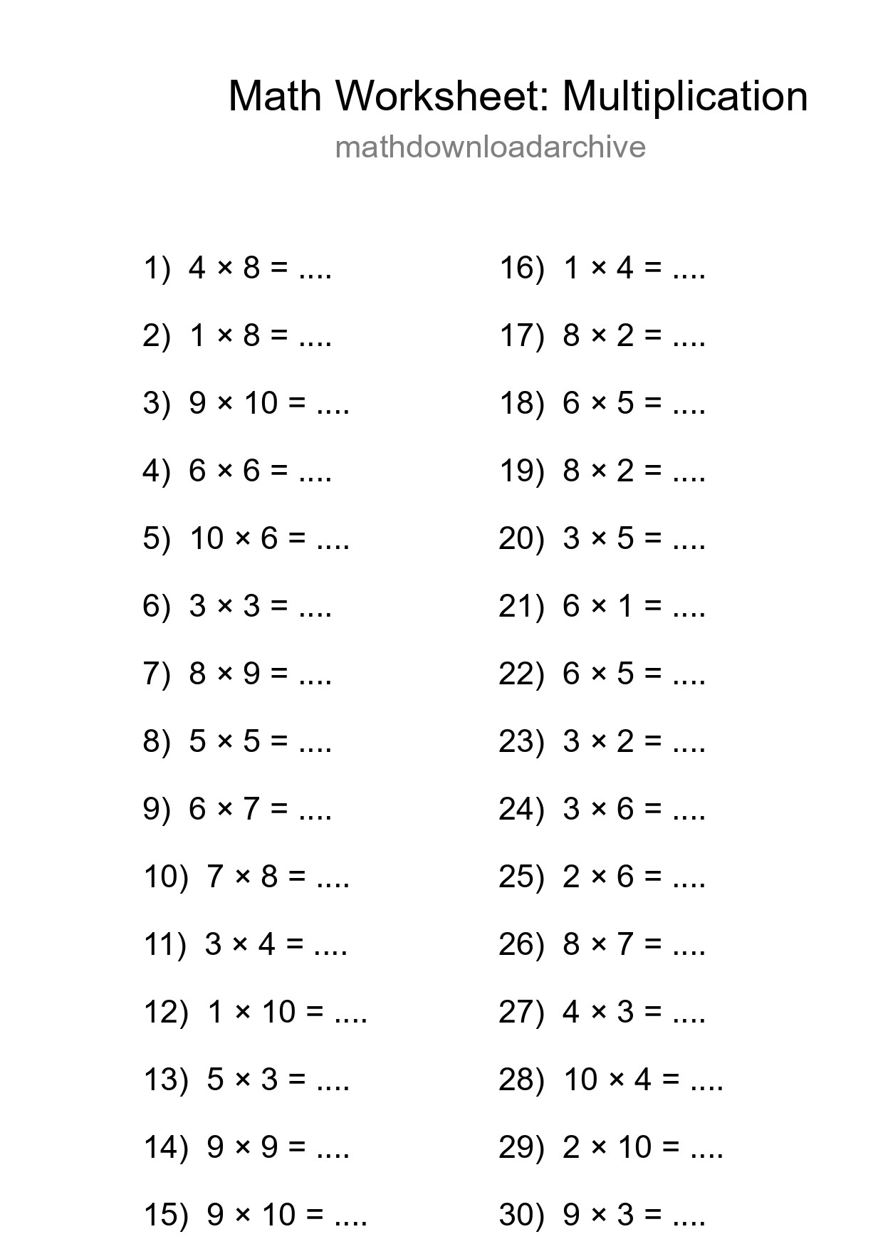Printable Free 30 Multiplication Math Worksheet For Grade 1 - Part 84